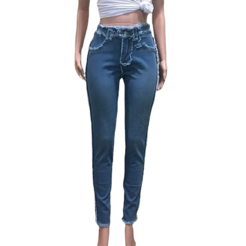 Tassel Splicing Denim Pants Women Fashion High Waist Washed Pencil Jeans Ripped Trousers Street Skinny Lady Pants High Waist