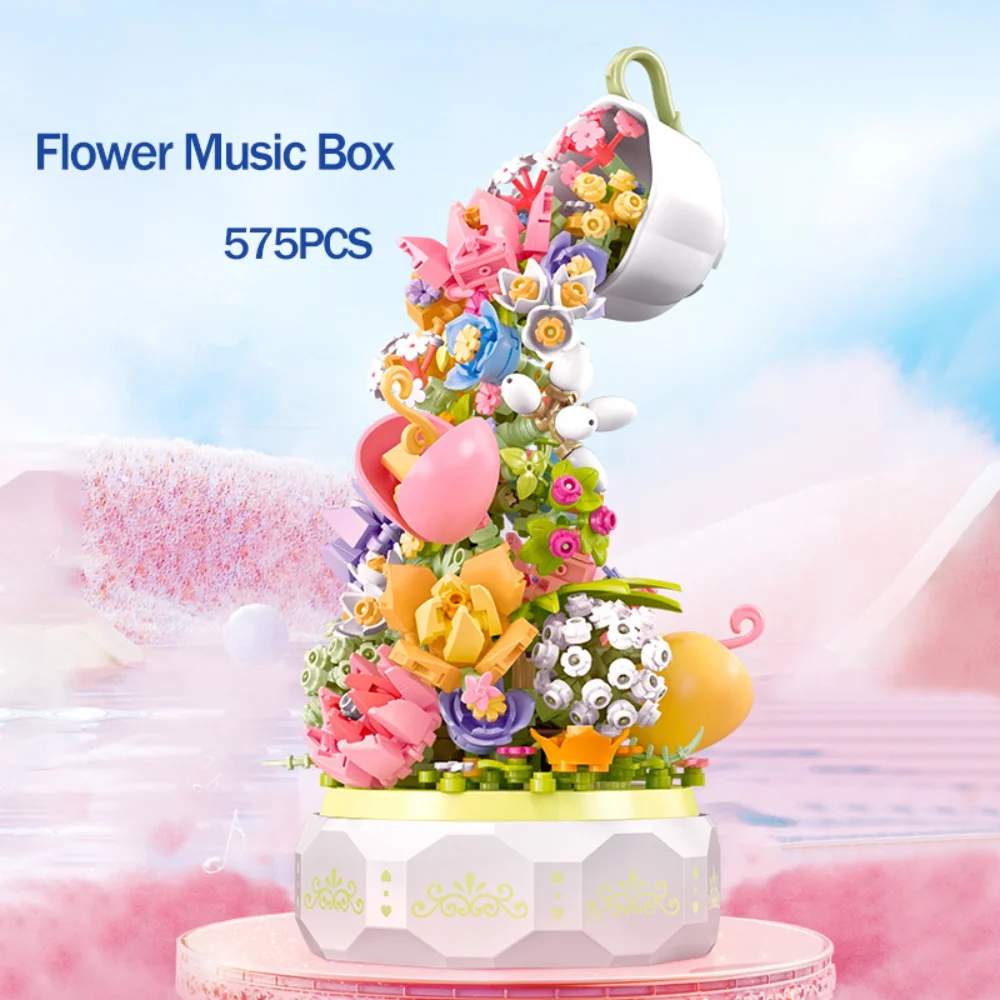 

New Idea Romantic Flower Music Box Bouquet Building Block City Creative Lighting Plant Potted Bricks Valentine's Day Toys Gifts