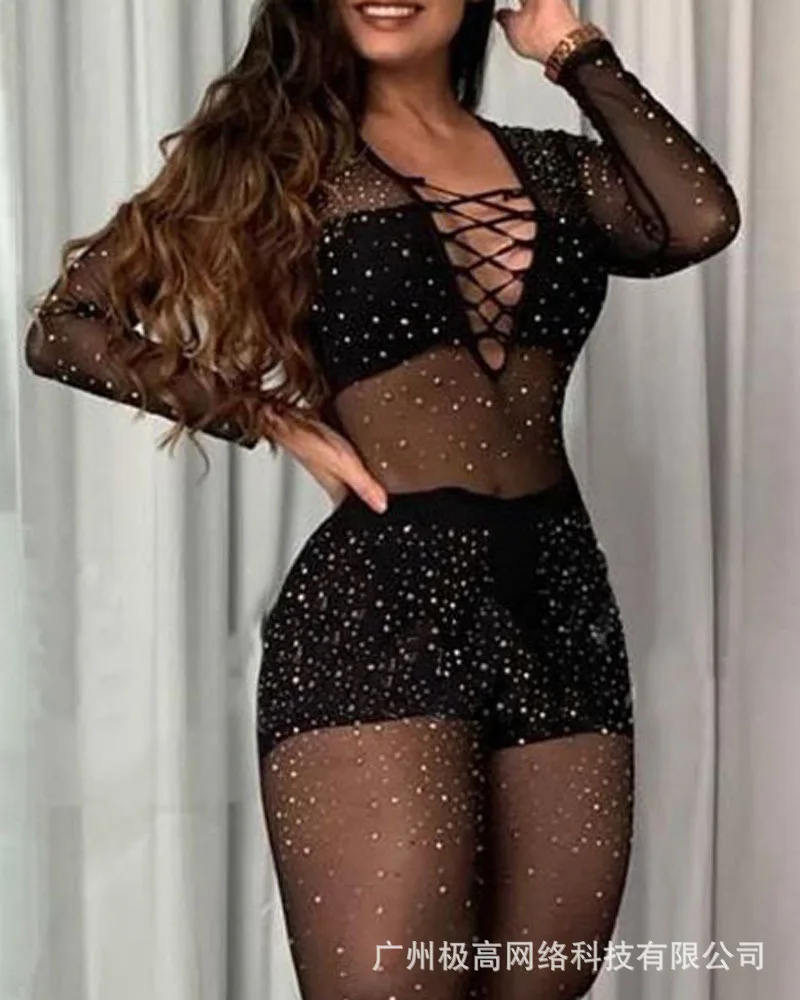 

Women's Clothing Spring Summer Skinny Pants Jumpsuit Diamonds Sexy Romper Full Sleeve Bandage V Neck Black