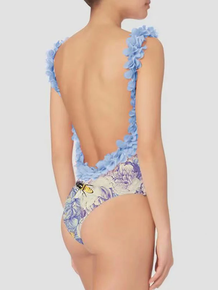 

Цельный купальник, женский купальник с принтом и открытой спиной, новинка 2023, хипстерский купальный костюм с оборками, Женский Монокини, сексуальное летнее пляжное платье