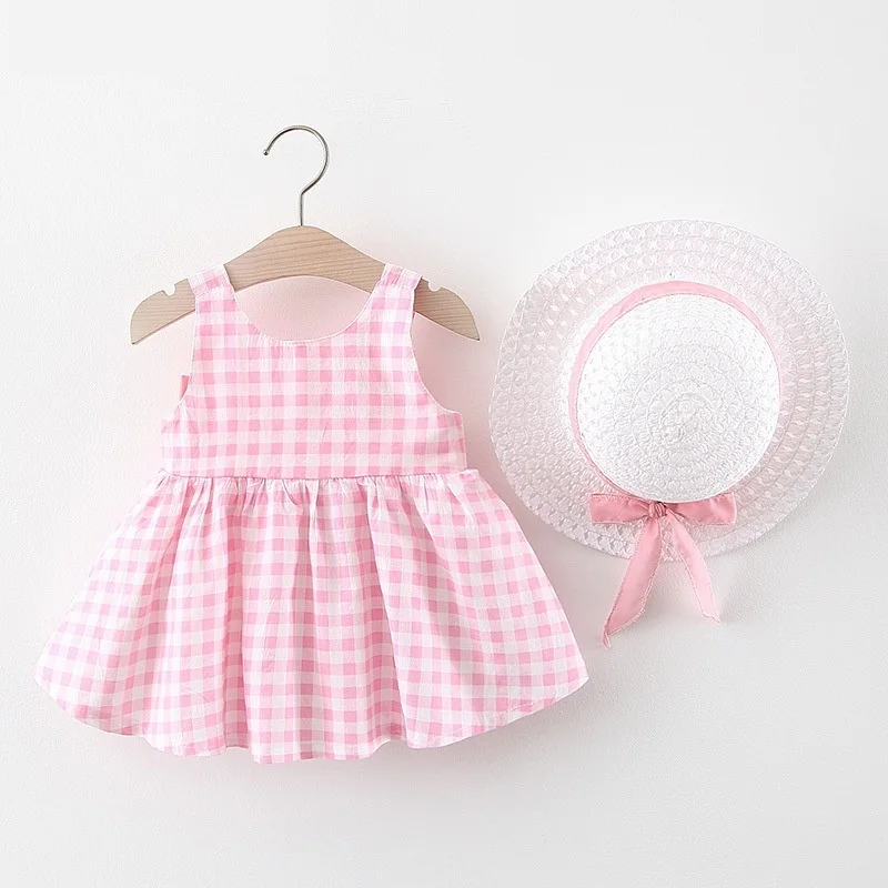 

LANBENA Summer Newborn Baby Clothes Toddler Girls Beach Dresses Cute Plaid Sleeveless Cotton Big Bow Yellow Dress+Sunhat 003