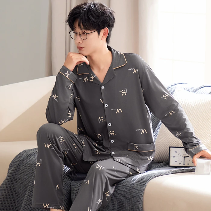 Мужские пижамы хлопковые осенние брюки с длинным рукавом кардиган на весну и