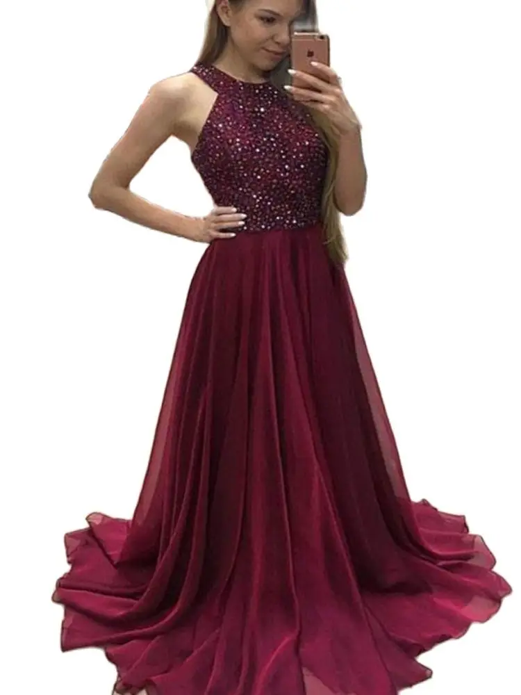 

Rhinestone Adorned Scoop Bodice V-Shaped Back A-line Sihouette Floor Length Cherry Red Chiffon Prom Evening Dress Party Dress