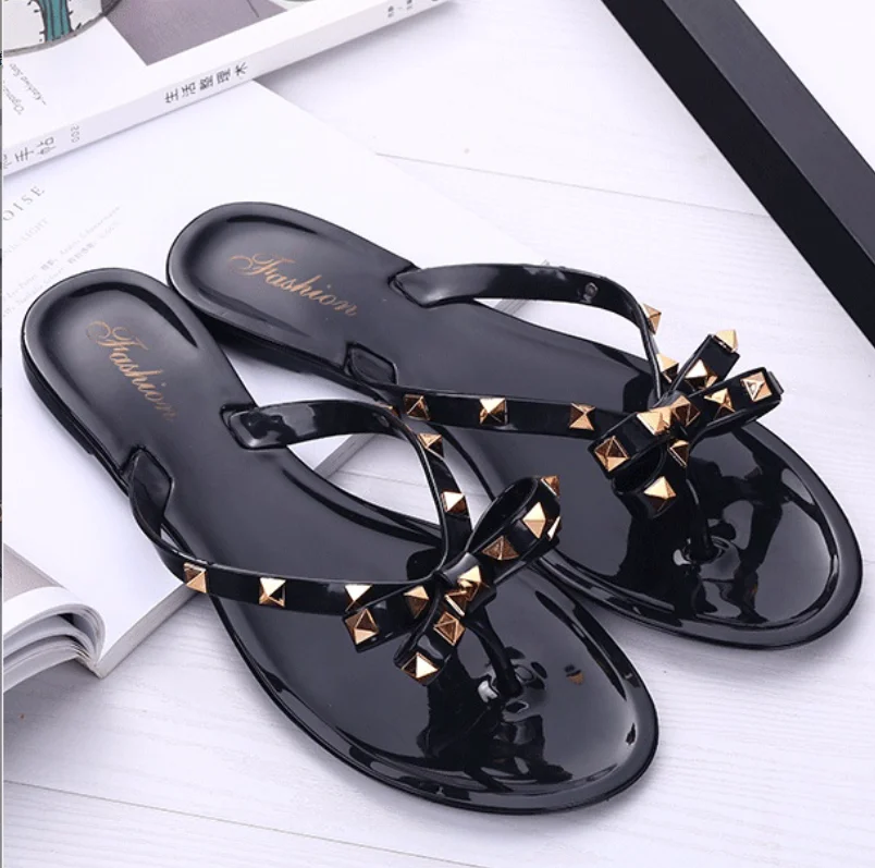

2022 Summer Hot Sale Fashion Women's Flip Flops Shoes Cool Beach Rivet Big Bow Flat Sandals Jelly Shoes Sandals Girls Slippers