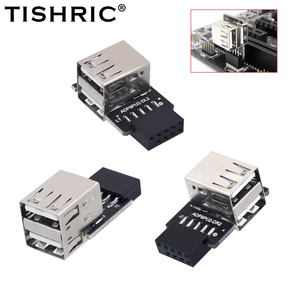

TISHRIC 9Pin Motherboard To USB Adapter Card 9pin To 2 Ports USB 2.0 Dual USB A 9 Pin Motherboard Header Female Converter