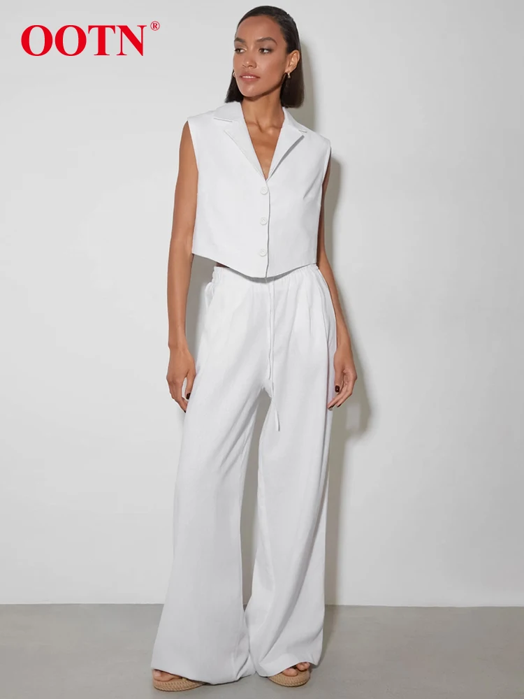 

OOTN Office Lady White Two Piece Sets Summer Sleeveless Notched Neck Shirts Drawstring Long Pants Suits Elegant Outfits Women