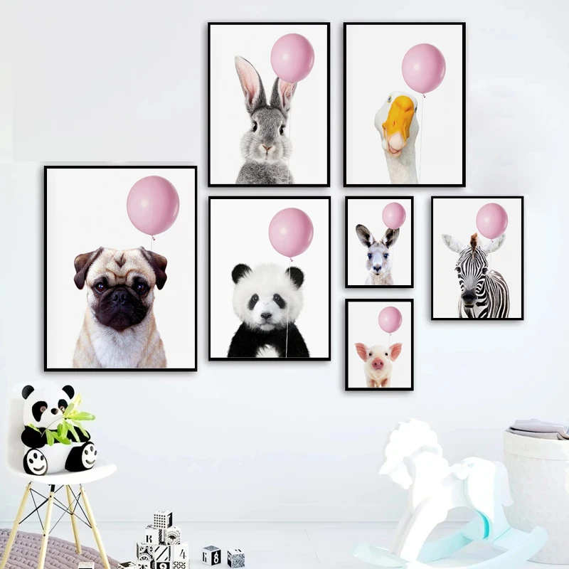 Настенные картины с изображением розовых воздушных шаров, животных, панды