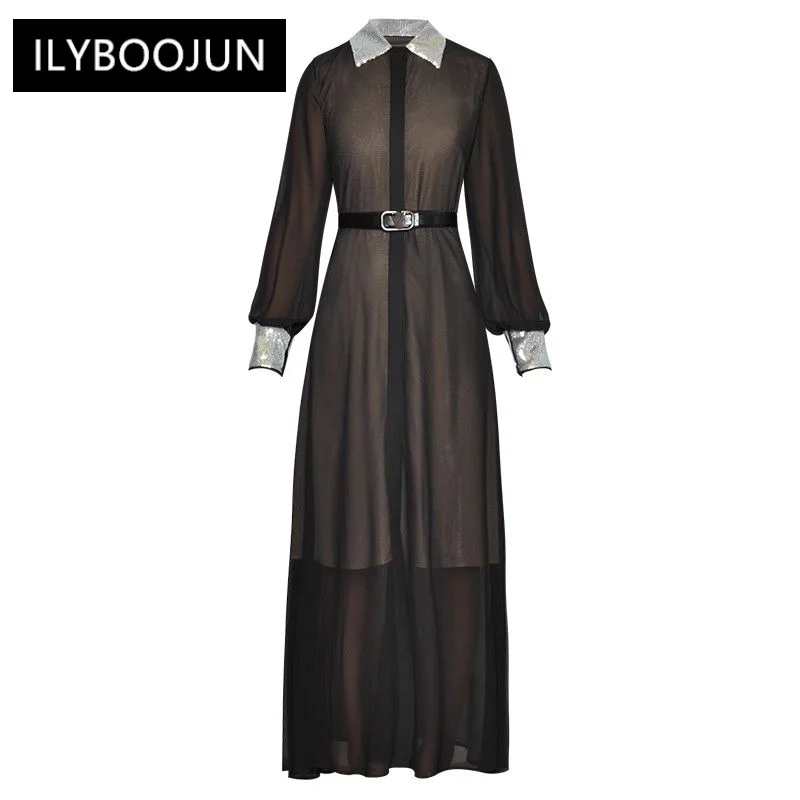 

Autumn Long Dress Women Sequins Turn-down Collar Lantern Sleeve Belt Single Breasted Party Dresses For Women 2023 Luxury Brand