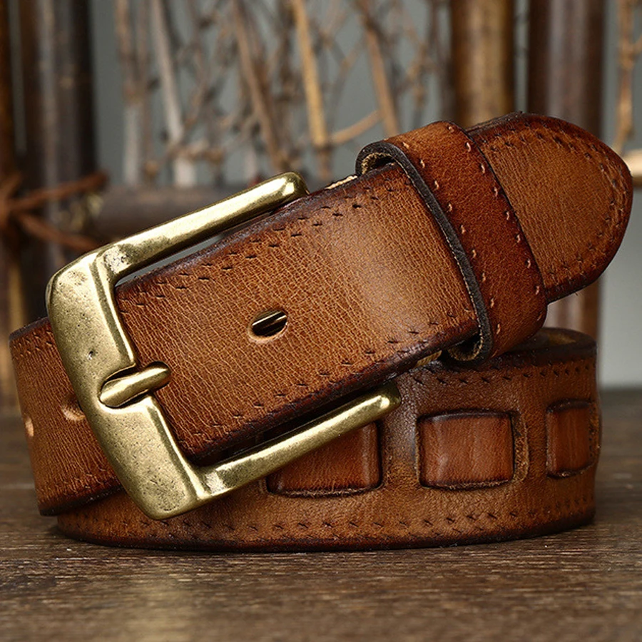 

3.8cm Width Solid Brass Buckle Full Grain Genuine Leather Mens Belts Luxury Designer High Quality Mens Cowboy Natural Cowskin