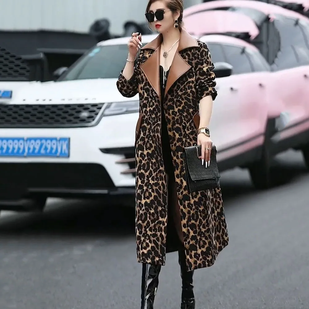 Пальто Сетчатое Облегающее с леопардовым принтом длинная свободная элегантная