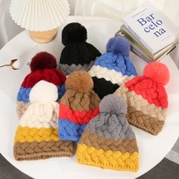 hot selling warm winter hats stitching knitted hat big hair ball cap korean style fashion color patchwork hats for women