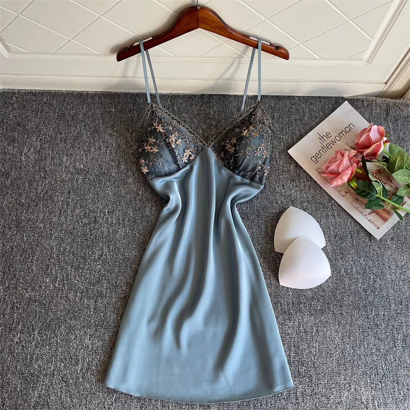 

Sexy Strap Sleepdress Womens Nightgown V-Neck Lace Sleepwear Sleep Gown Casual Satin Nightdress Nightwear Home Wear Nighty Dress