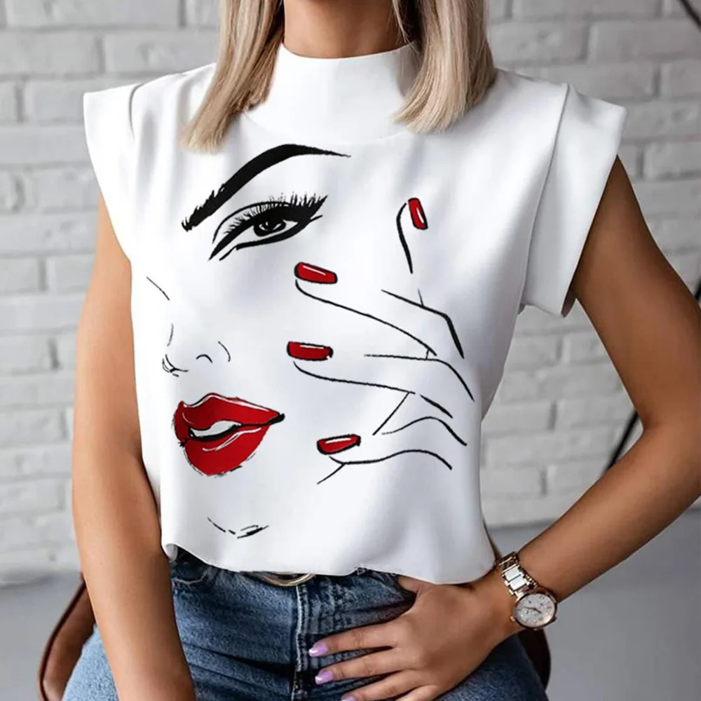 

2022 Fashion Short Sleeve Print Blouse Women White Slim Half High Collar Shirt Casual Blouses Or Tops For Woman Top Femme