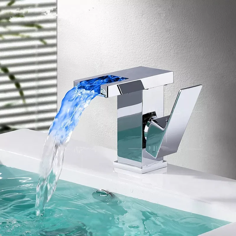 

BAKALA LED Bath Basin Faucet Deck Mounted Bathroom Waterfall Sink Faucet Hot And Cold Water Mixer Crane Tap Washbasin Taps