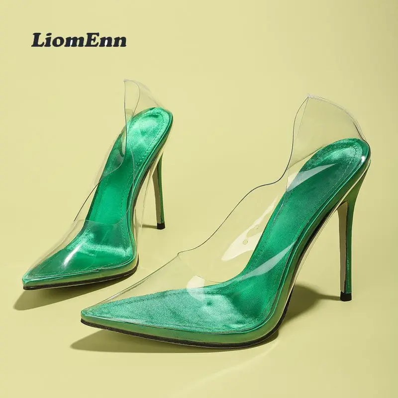 

Transparent PVC Thin High Heels Women Pumps 2022 Trend Summer Sandals Women Slip On Green Pink Elegant Sexy Dress Party Shoes