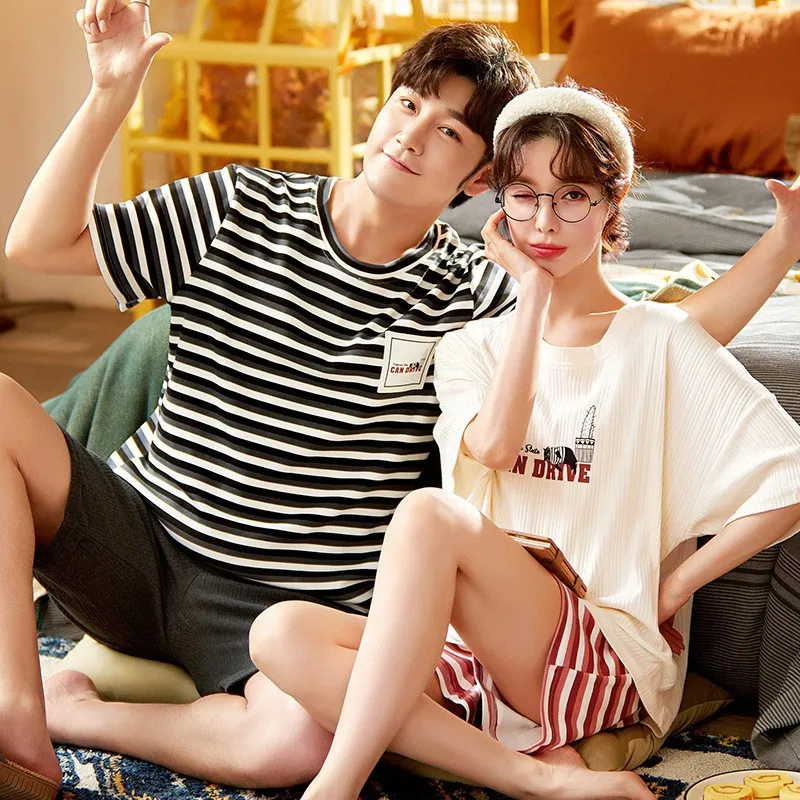 Short Sleeve Sleepwear Couple Men and Women Matching Home Set Cotton Pjs Cartoon Prints Leisure Nightwear Pajamas for Summer
