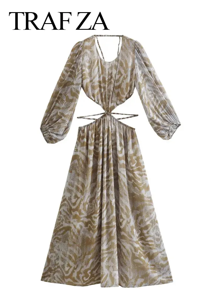 

TRAF ZA Fashion Elegant Women's Long Dress Print With Round Neck Open Back Hollow Strap Cross Slim Sexy Party Club Long Dress