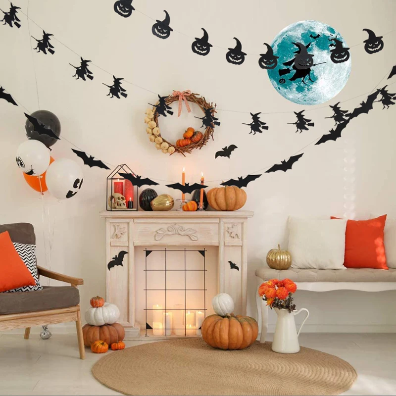 

3M Black Pumpkin Bat Spider Witch Skull Banner Paper Garland Bunting Halloween Decoration For Home Haunted House Supplies