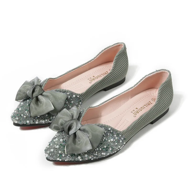 Lolita Shoes Clear Beading Bowknot Women Flats Luxury Pointed Ballerina Shoes Soft Bottom Espadrilles Female Bow Moccasins