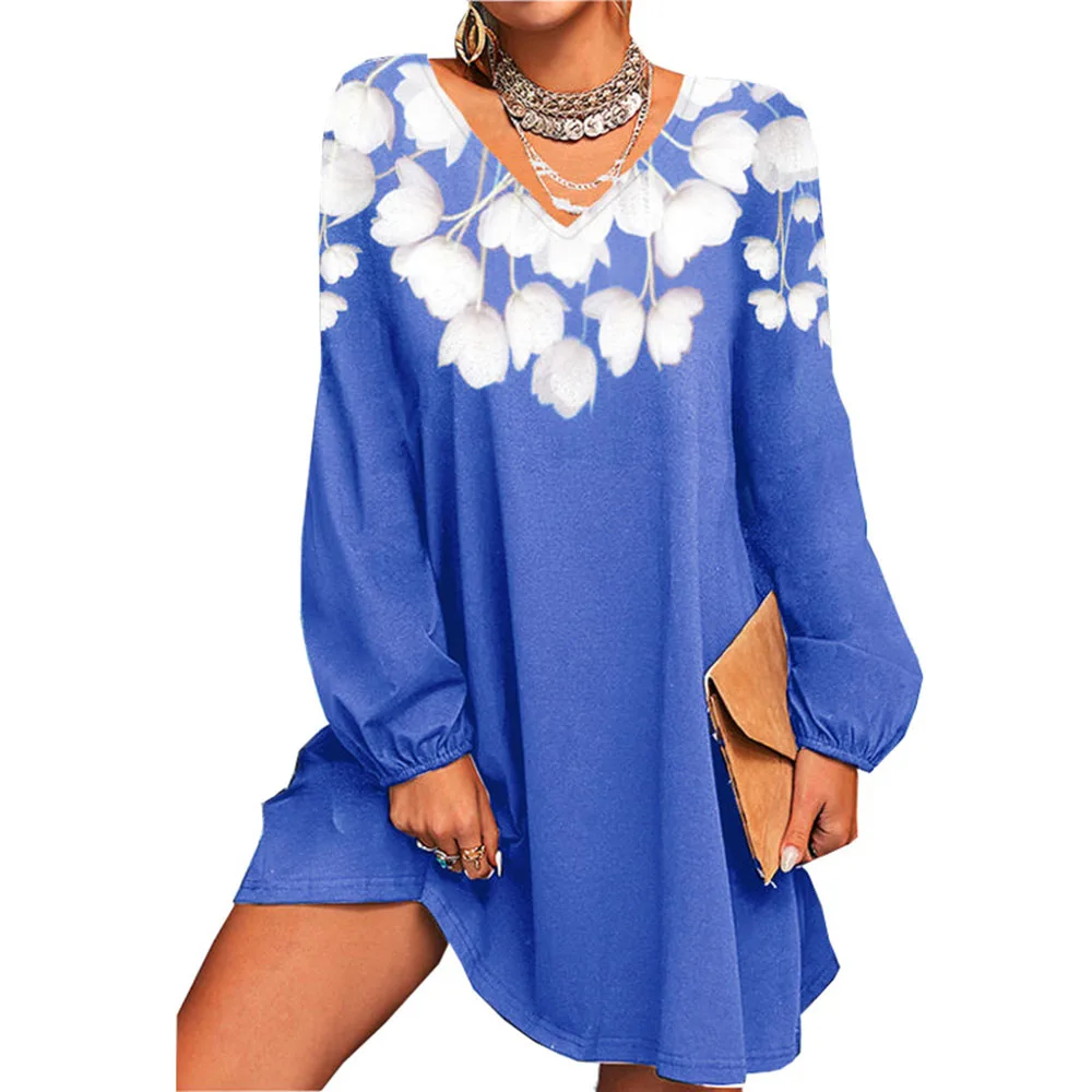 Женское платье-мини с цветочным принтом V-образным вырезом и длинным рукавом -