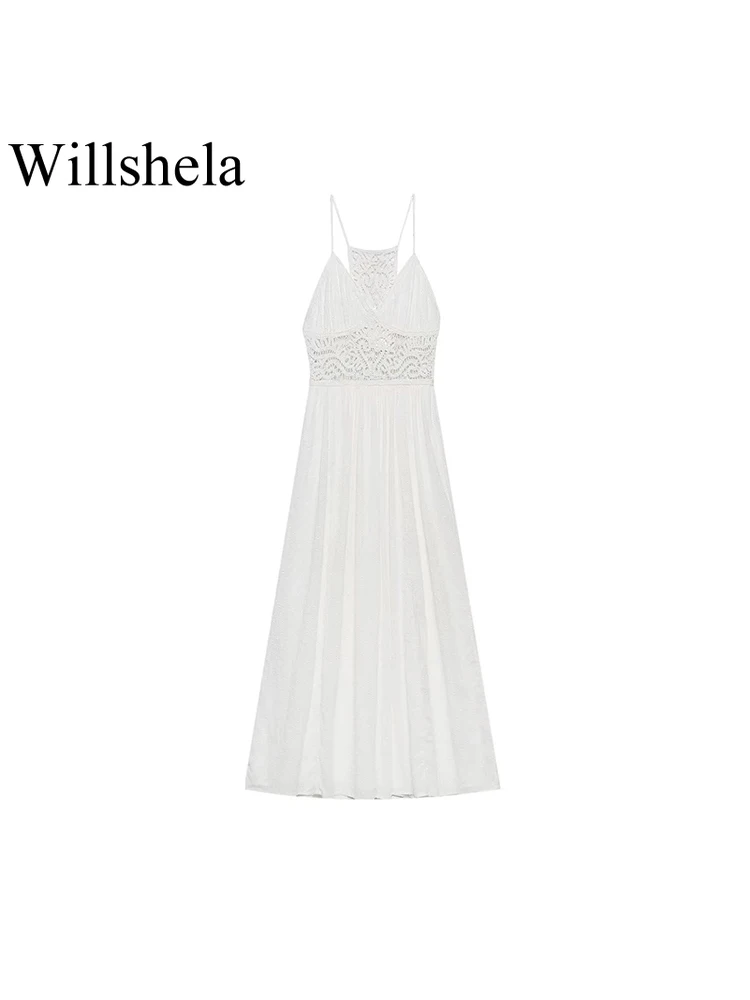 

Willshela Women Fashion Lace Patchwork Hollow Out Midi Dress Vintage Thin Straps V-Neck Female Chic Lady Dresses