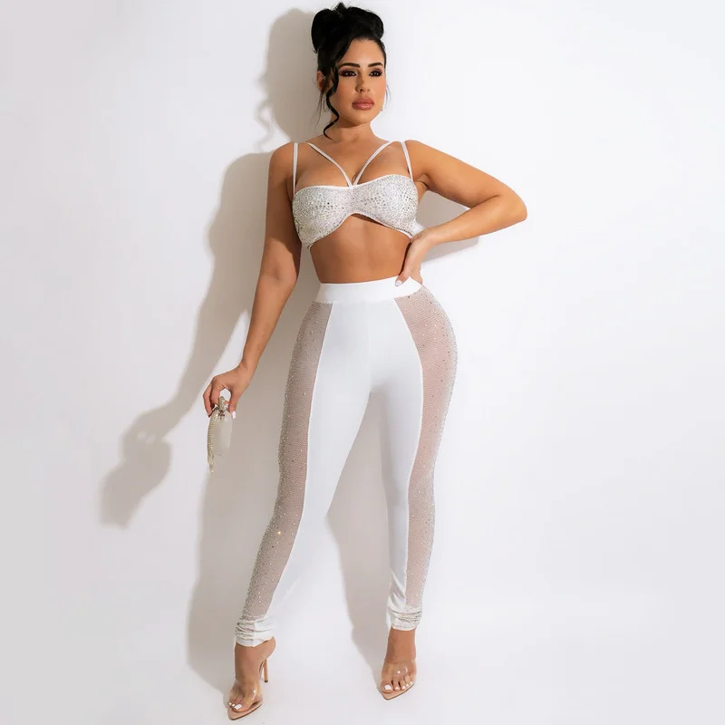 

WUHE 2022 Casaul Women Tracksuit Two Piece Set Diamond Crop Tanp Top + Long Pants Sportsuit Matching Set Summer Women Outfit