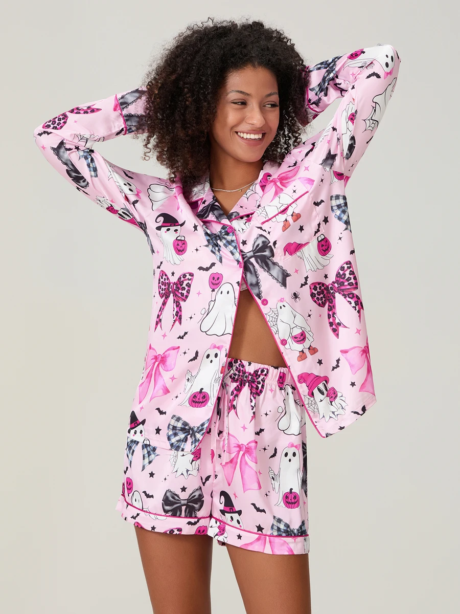 Женский комплект для отдыха на Хэллоуин с длинными рукавами и лацканами