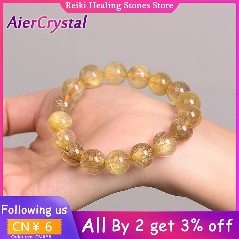 

7-14mm Natural Gold Rutilated Quartz Bracelets Stone Beads Unisex Bracelet Women Crystal Stone Jewelry Men Bangles Decoration