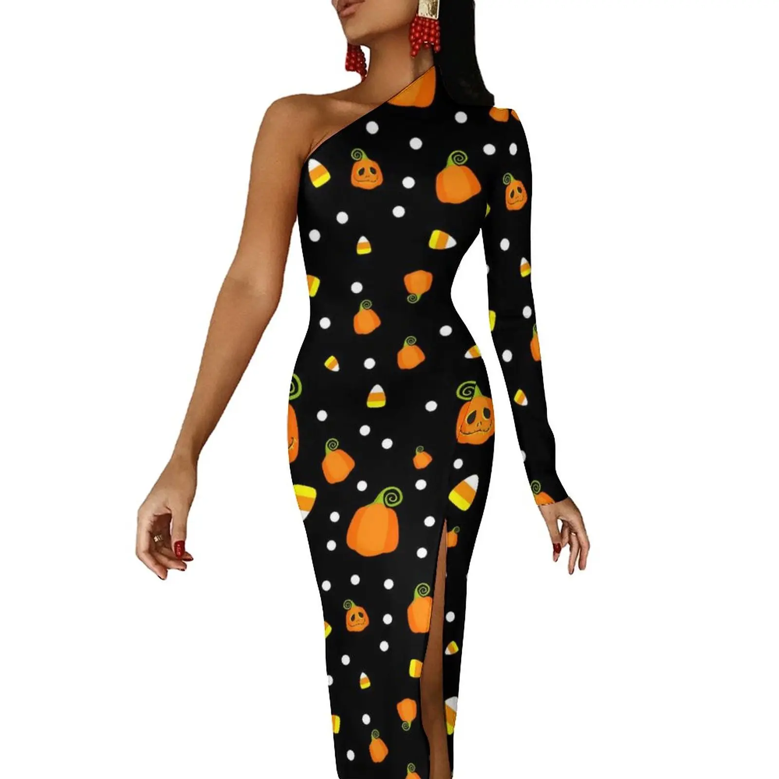 

Whimsical Pumpkin Maxi Dress Long Sleeve Fun Halloween Party Bodycon Dresses Autumn Elegant Dress Ladies Graphic Vestidos