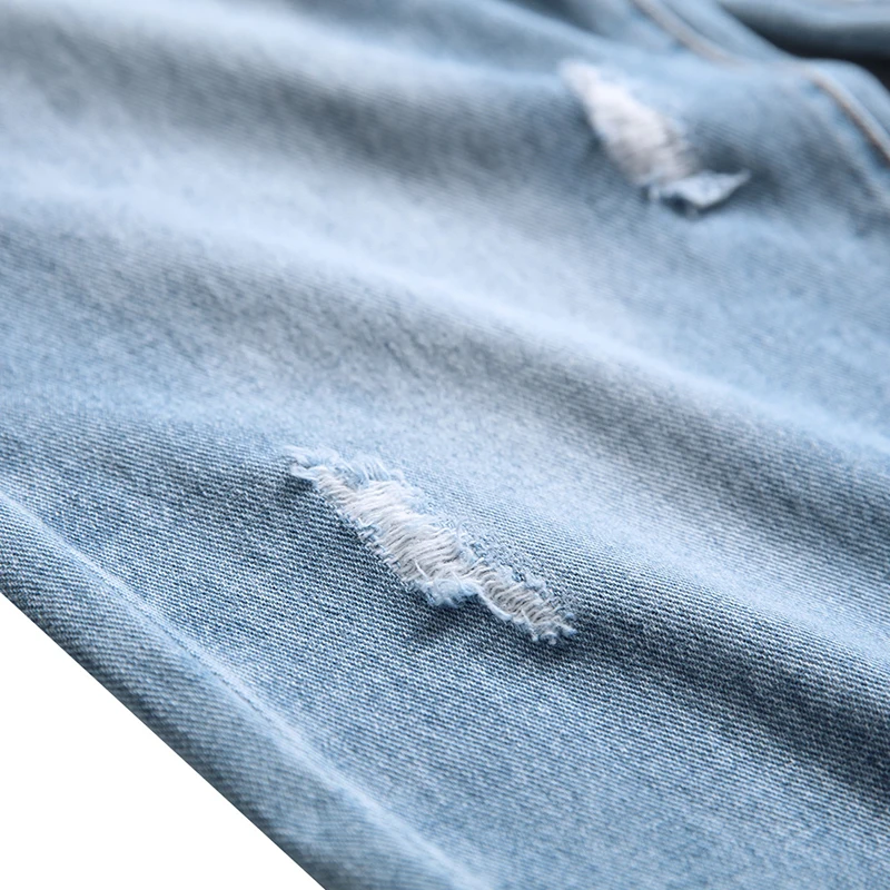 2023 Light Blue Men's Ripped Jeans Straight Slim Non-stretch Denim Pants Designer Street Casual Long Trousers Dropshipping