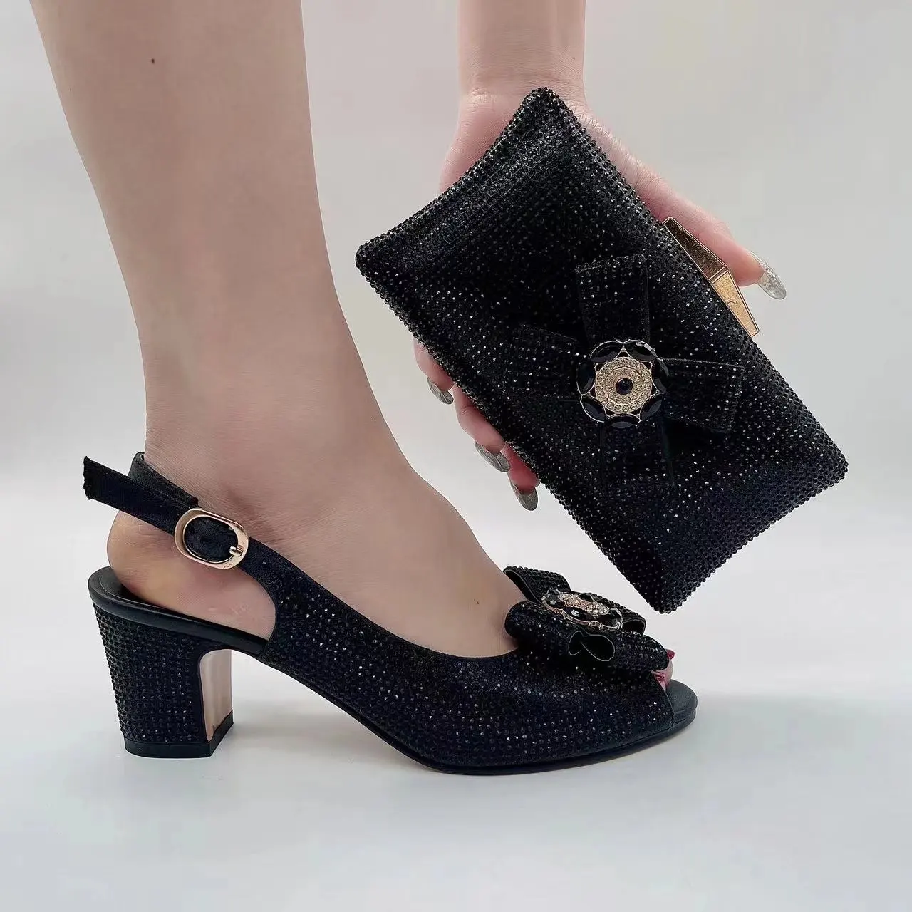 Summer Italian Design Hot Selling and Lastest Luxury Crystal Style Elegant Ladies Shoes and Bag Set in Blue Color for Party