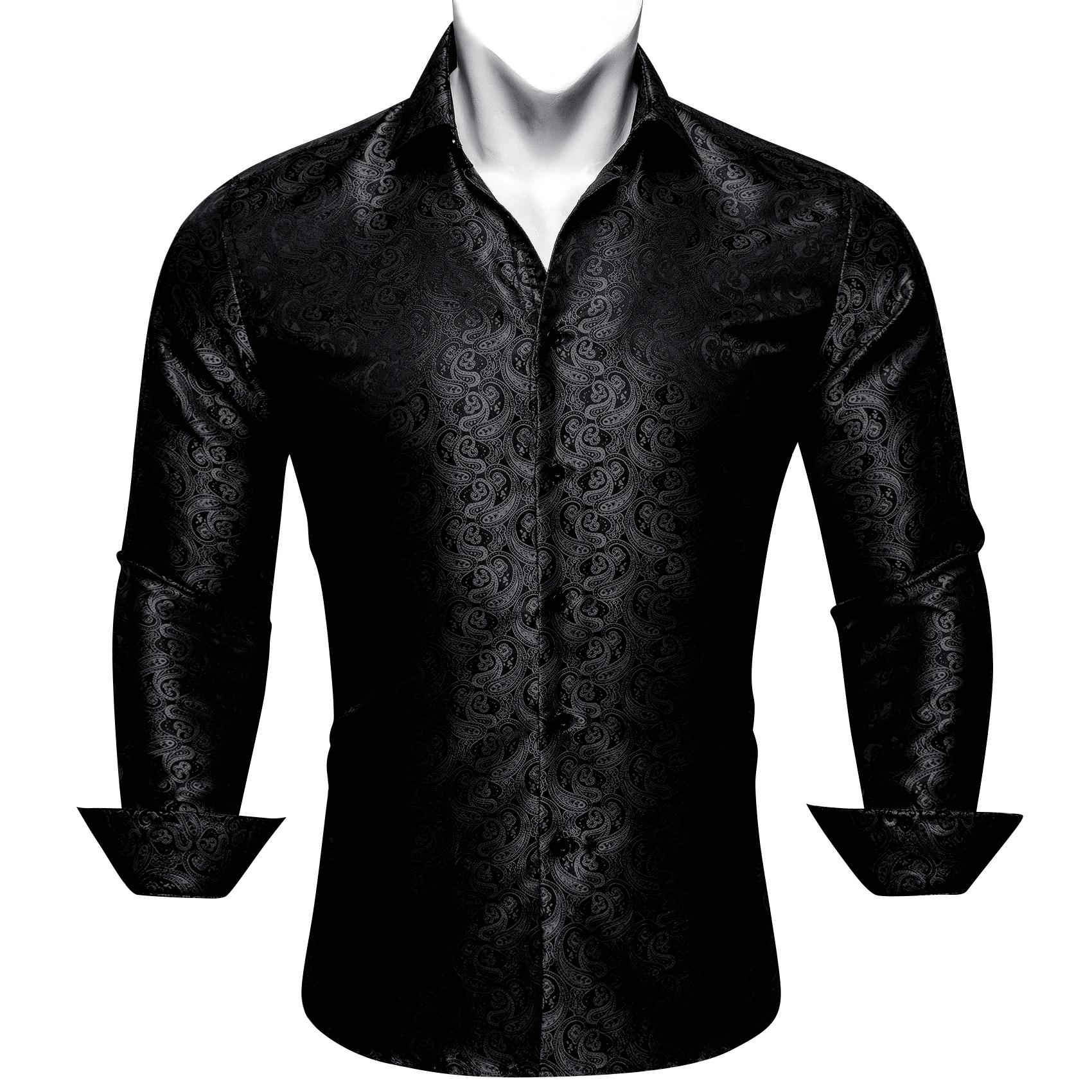 

Luxury Silk Shirts for Men Black Paisley Flower Long Sleeve Embroidered Regular Slim Fit Male Blouses Spring Autumn Tops 642