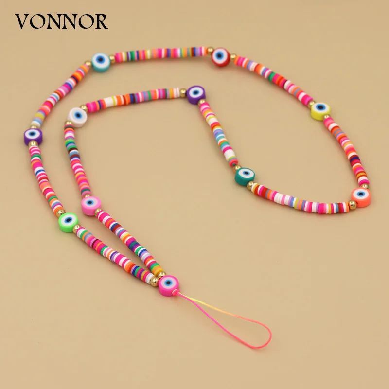 

VONNOR 2022 New Mobile Strap Phone Charm Clay Flower Beads Long Phone Chain Evil Eye Jewelry for Women Girls Anti-Lost Lanyard