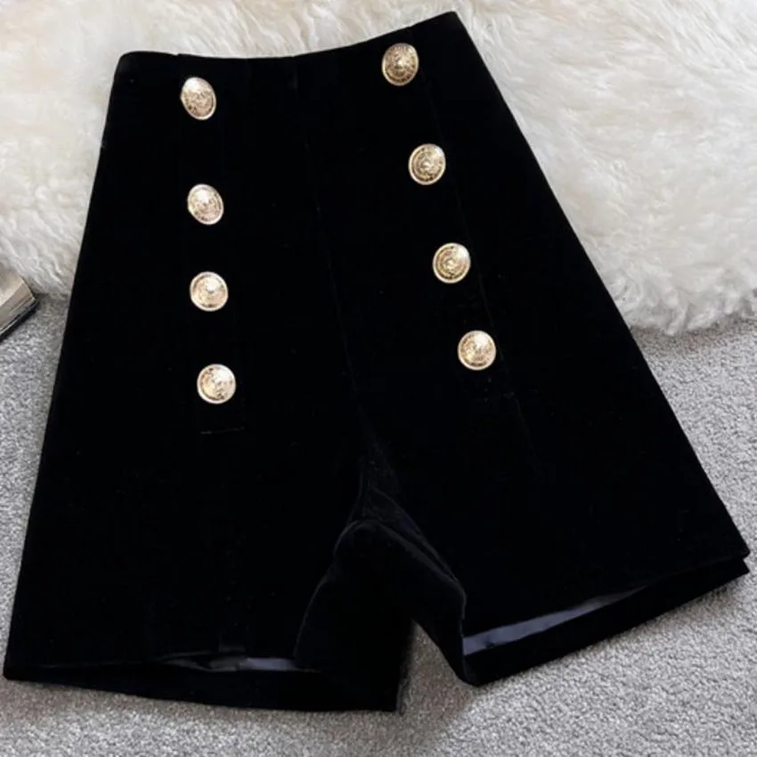 

Golden Velvet Black High Waist Shorts For Women Autumn Winter Temperament Double Breasted Wide Leg