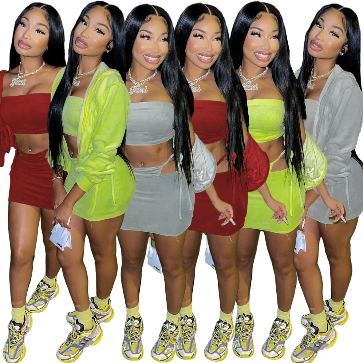 

Echoine 3 Pieces Set Strapless Crop Top Zipper Jacket Mini Skirt Set Party Club Outfits Velvet Tracksuit Women Autumn Winter