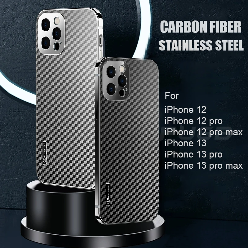 

Luxury Carbon Fiber Stainless Steel Metal Bumper Case For iPhone 12 13 Pro Max Shockproof Cover With Tempered Glass Protector
