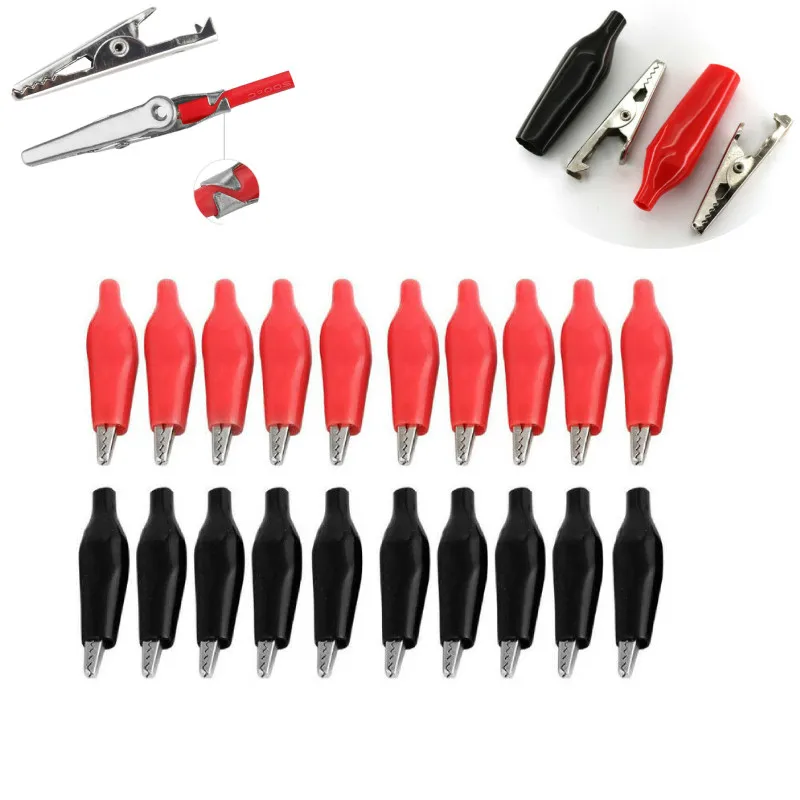 

20 Pcs Crocodile Type Clip 28MM Black Red Black Soft Plastic Coated Testing Probe Mini Alligator Test Clips Electrical Clamp