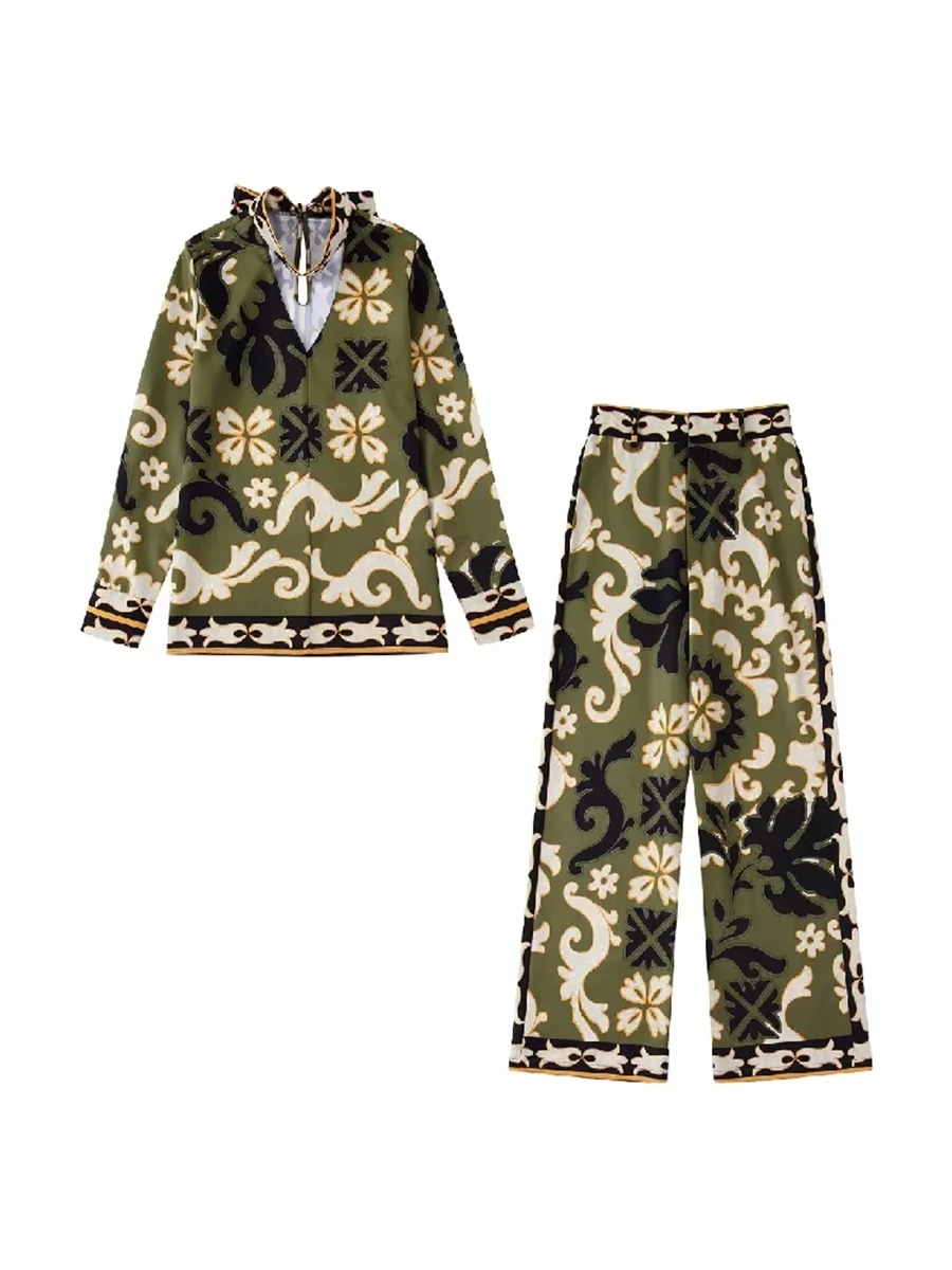 

Women Fashion Print Bow Tied Full Sleeves Shirts High Waist Straight Zipper Fly Pants 2022 Summer Casual Two Piece Co-Ords Sets