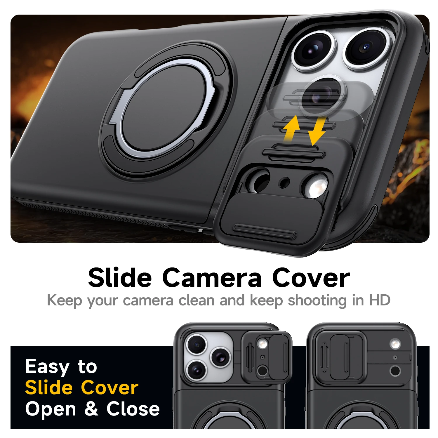 Фото Чехол для iPhone 11 12 13 14 15 16 Plus 17 Pro Max с защитой камеры, скрытым слотом для карт и металлическим кольцом-подставкой №2