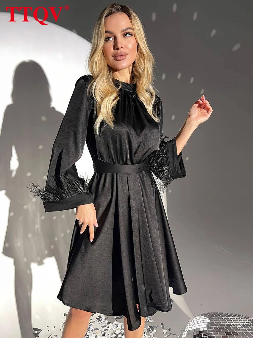 

TTQV Elegant Black O-ncek Dress For Women 2023 Fashion High Waisted Wrist Sleeve Dresses Casual Solid Feathers Mini Dresses