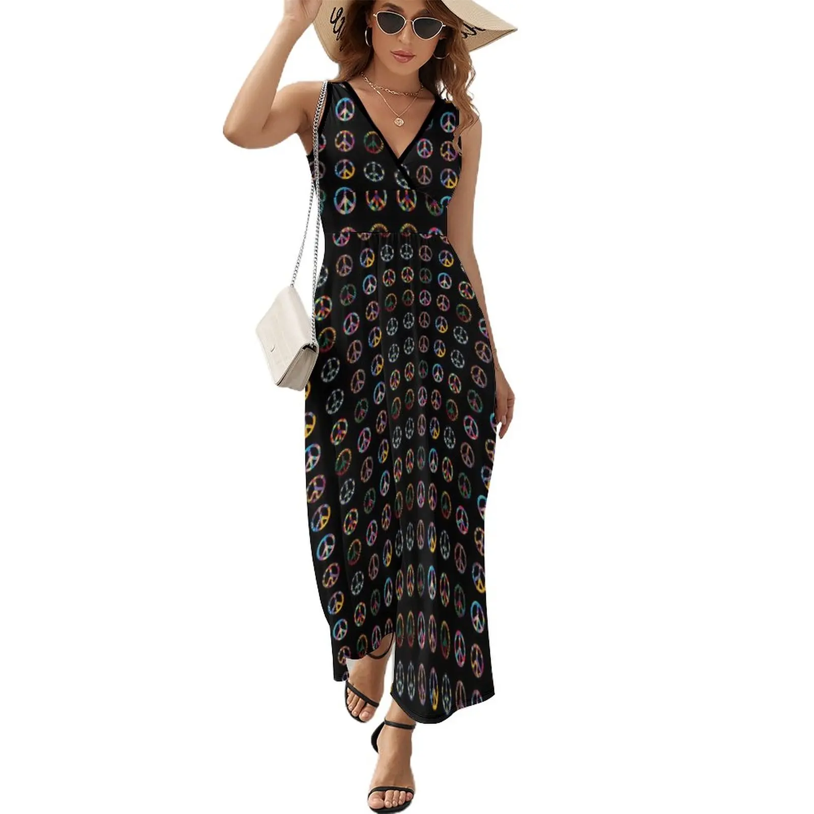 

Peace Signs Dress Groovy Retro Print Casual Boho Beach Long Dresses Female Party Graphic Maxi Dress Birthday Present