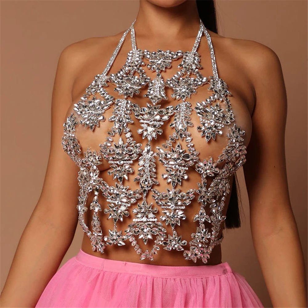

2022 New Luxury Full Zircon Rhinestone Chest Chain Ladies Carnival Ball Sexy Sparkling Crystal Body Chain Jewelry Accessories