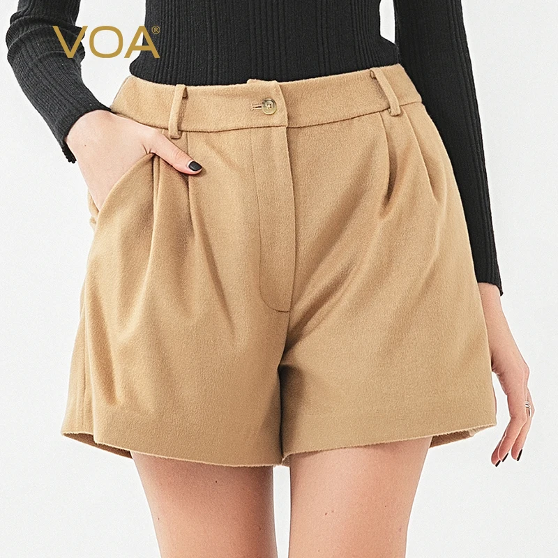 

(Clearance Sale) VOA 14.75 Micron Cashmere Slanting Bag Yuke Pleated Design Women Shorts Loose Straight Shorts Winter SK938