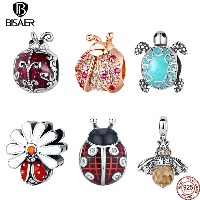 

BISAER 925 Sterling Silver Lovely Ladybug Turtle Charm Pendants Beads Fit Original Necklace Gift For Women DIY Jewelry Making