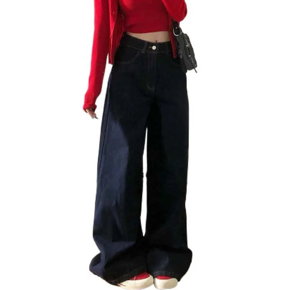 Крутая девушка Свободные темно-синие широкие джинсы Уличная одежда Корейские