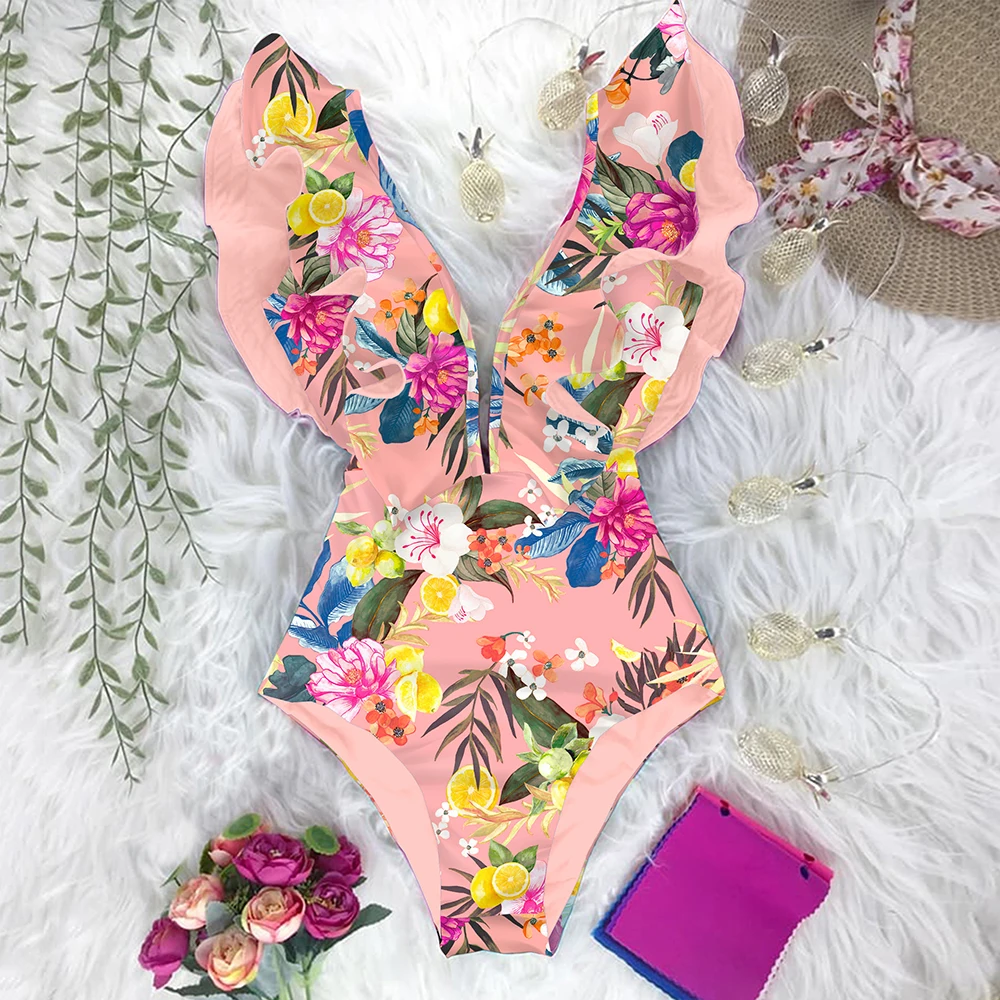 

WANXIN 2022 New Print Swimwear Deep V-neck Ruffle Swimsuit Push Up One Piece Swimsuit Beach Wear Backless Monokini