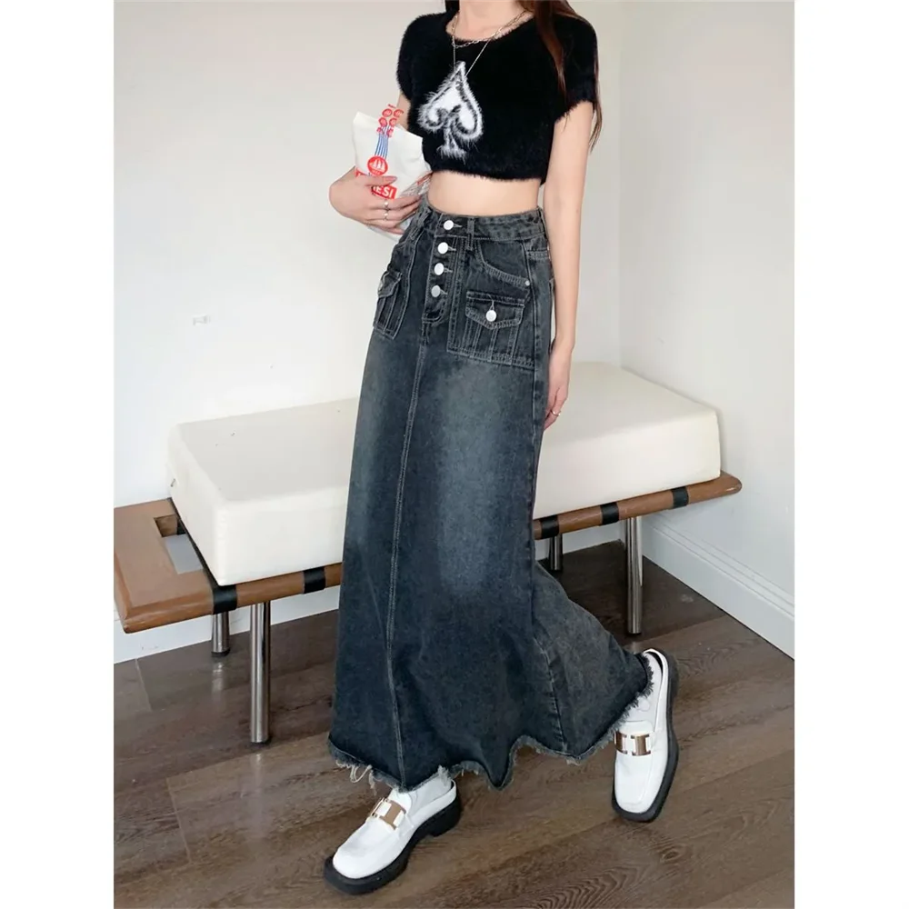 Женская джинсовая юбка с потертостями длинная свободная карманами и высокой