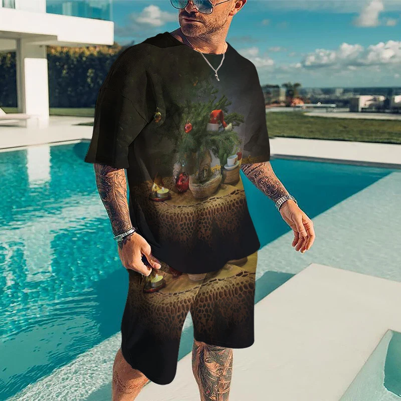 Summer Men's Tracksuit Set New  3D Printed  Oversized T-Shirt Fashion  Short Sleeve Christmas Casual O-Neck  2 Piece Suit