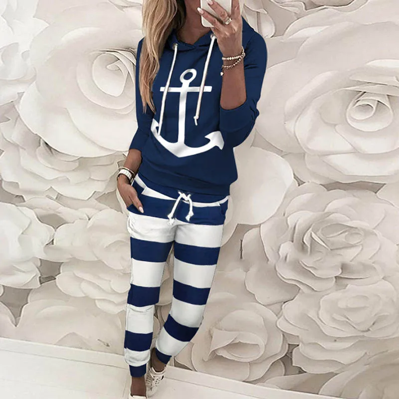 

Drawstring Anchor Printing Two-Piece Women Full Sleeve Hooded Top Long Pants Clothes Set Clothing sport suit fashion new tie