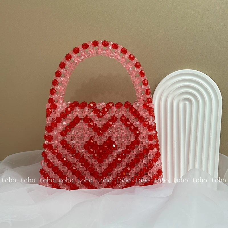 

TOBO Sweet Girls Vacation Bead Woven Mini Box Handbags Cute Pink Heart Paint Versatile Casual Evening Party Bags for Ladies